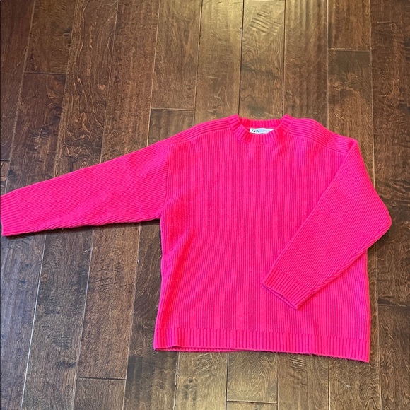 Zara Sweaters - Zara Bright Pink Ribbed Crewneck Sweater Size Medium